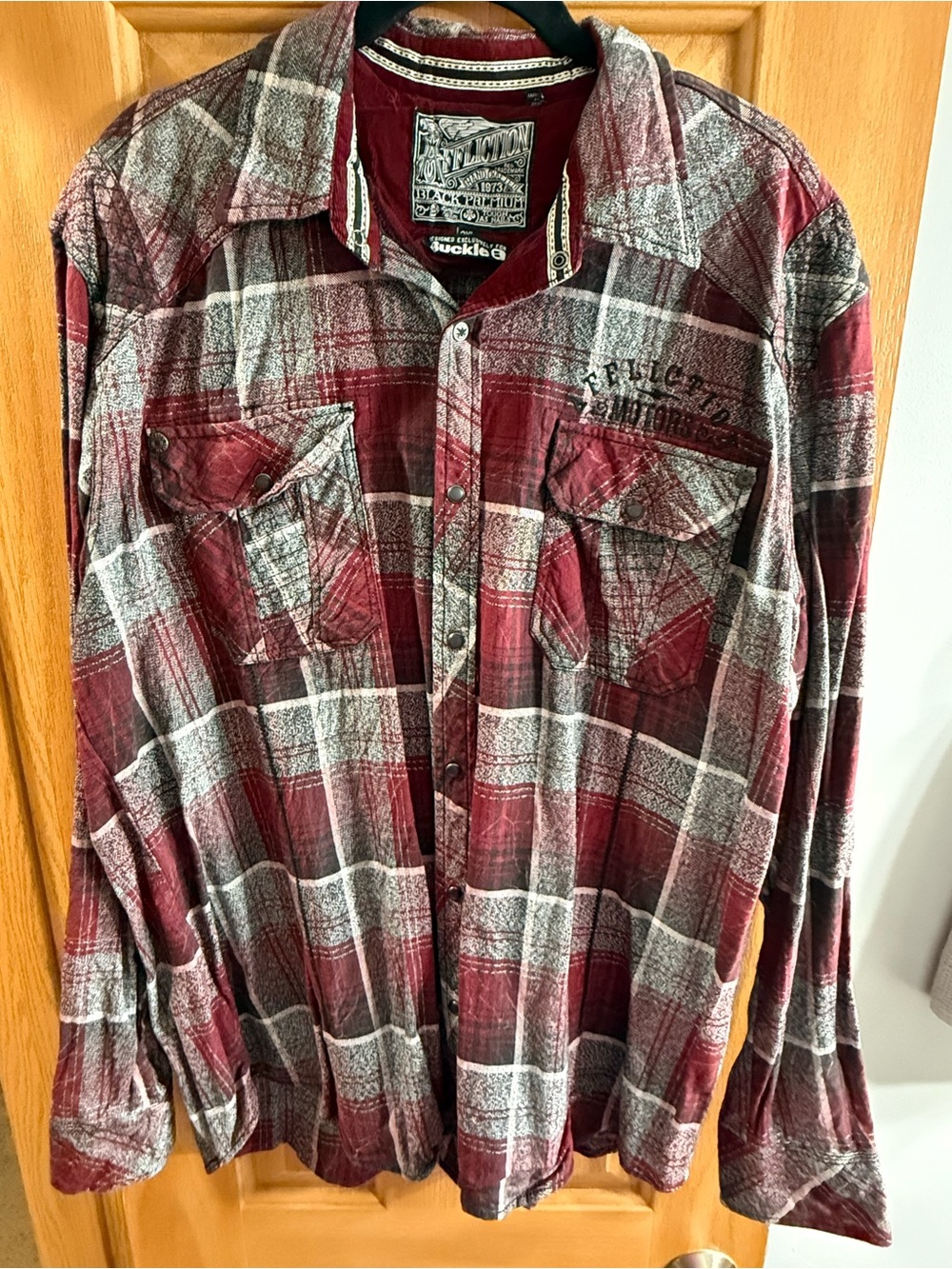 Affliction Black Premium Red and Gray Plaid Button-Down Shirt Buckle Exclusive